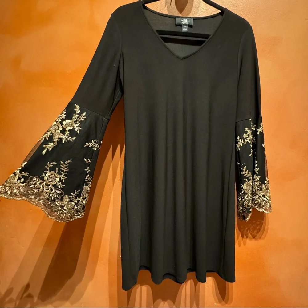 MSK Black and Gold Dress Flare Bell Sleeve Petite Small - Picture 1 of 5